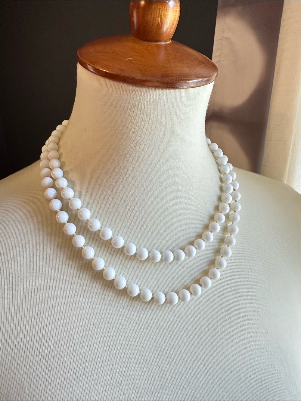 Vintage White Lucite Style Acrylic Bead 38” Hand Knotted Necklace